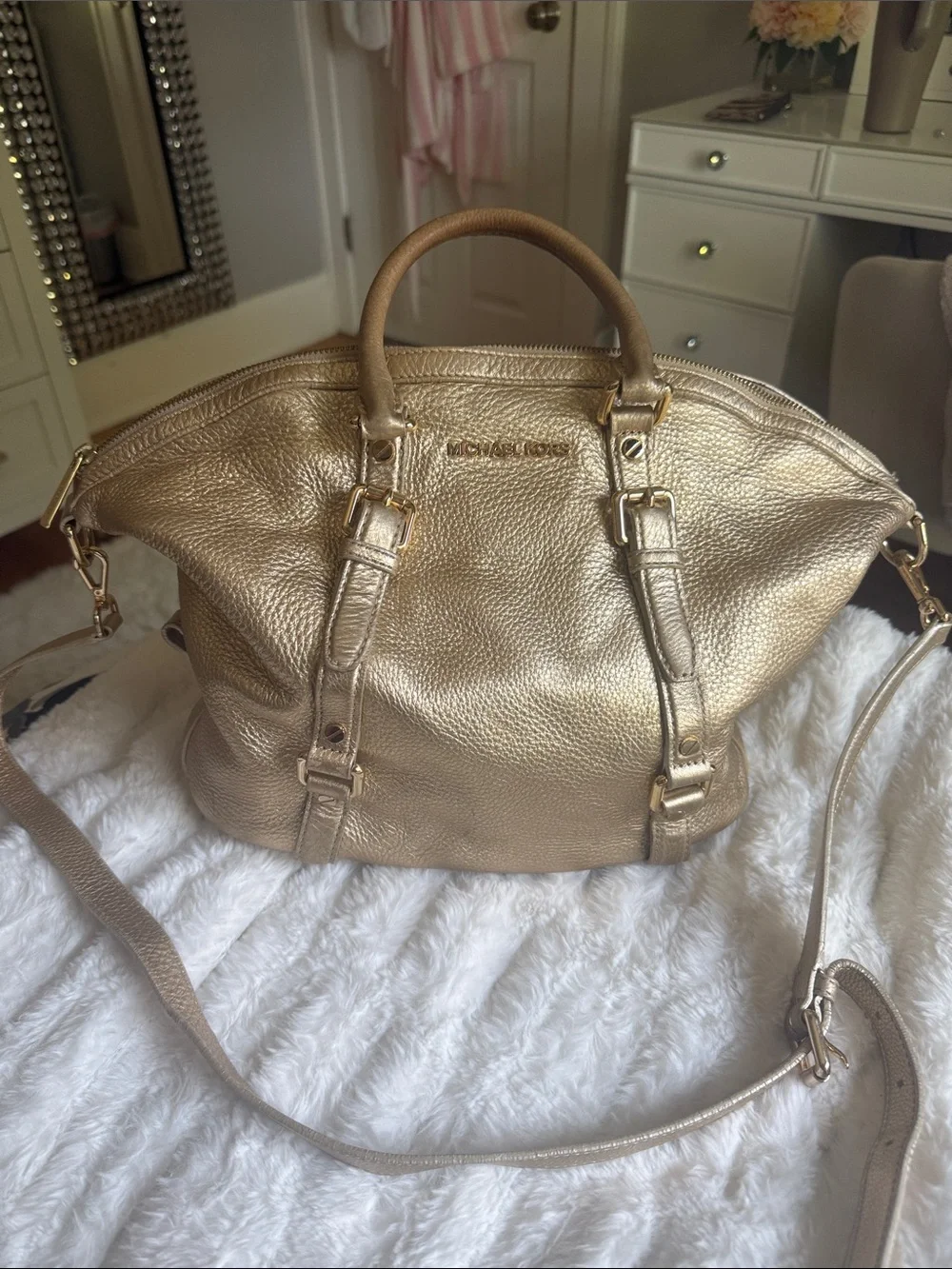 Michael Kors Metallic Gold Leather Shoulder Satchel with Crossbody Strap